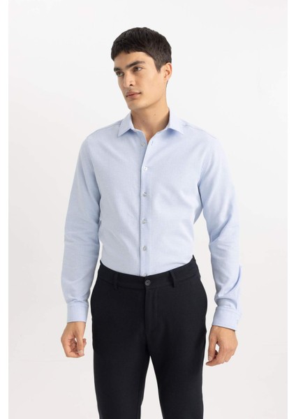 Slim Fit Dar Kesim Polo Yaka Petek Dokulu Uzun Kollu Gömlek B6476AX24SP