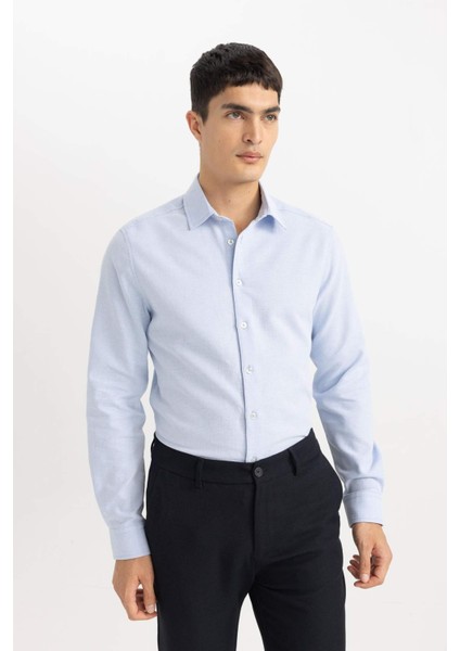 Slim Fit Dar Kesim Polo Yaka Petek Dokulu Uzun Kollu Gömlek B6476AX24SP