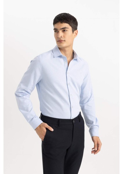 Slim Fit Dar Kesim Polo Yaka Petek Dokulu Uzun Kollu Gömlek B6476AX24SP