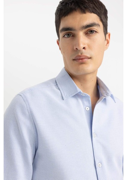 Slim Fit Dar Kesim Polo Yaka Petek Dokulu Uzun Kollu Gömlek B6476AX24SP