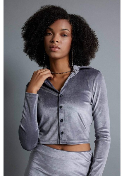 Fitted Kadife Uzun Kollu Crop Gömlek B6530AX23WN