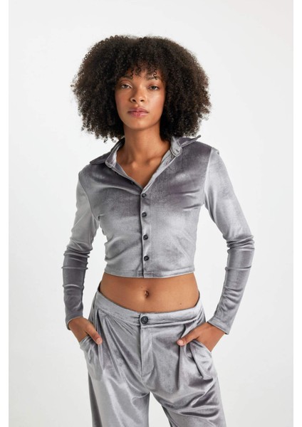 Fitted Kadife Uzun Kollu Crop Gömlek B6530AX23WN