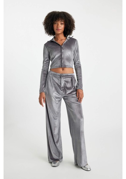 Fitted Kadife Uzun Kollu Crop Gömlek B6530AX23WN