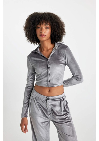 Fitted Kadife Uzun Kollu Crop Gömlek B6530AX23WN