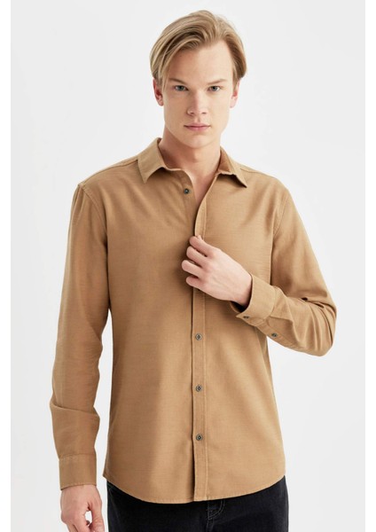 Slim Fit Dar Kesim Pamuklu Basic Düz Uzun Kollu Gömlek A4644AX24SP