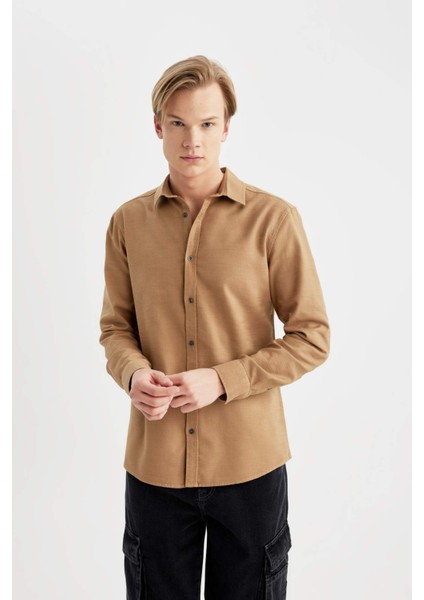 Slim Fit Dar Kesim Pamuklu Basic Düz Uzun Kollu Gömlek A4644AX24SP