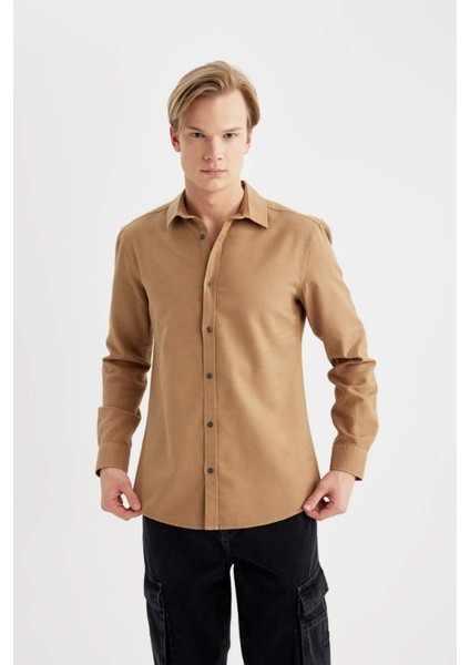 Slim Fit Dar Kesim Pamuklu Basic Düz Uzun Kollu Gömlek A4644AX24SP