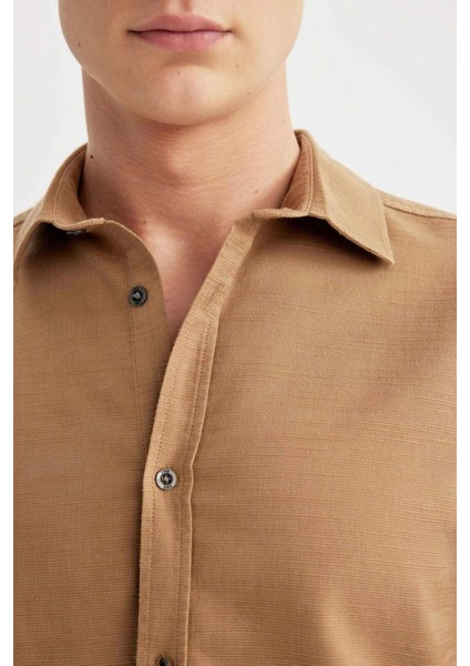 Slim Fit Dar Kesim Pamuklu Basic Düz Uzun Kollu Gömlek A4644AX24SP