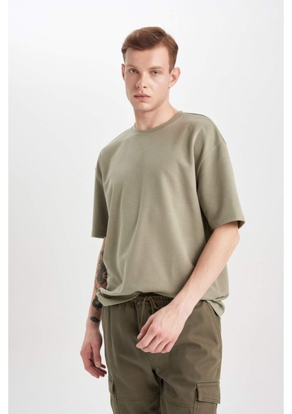 Oversize Geniş Kalıp Bisiklet Yaka Kısa Kollu Basic Düz Ağır Kumaş Tişört X3926AZ24SP