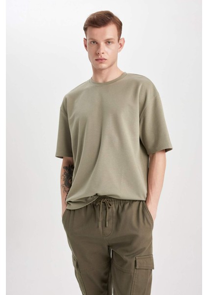 Oversize Geniş Kalıp Bisiklet Yaka Kısa Kollu Basic Düz Ağır Kumaş Tişört X3926AZ24SP