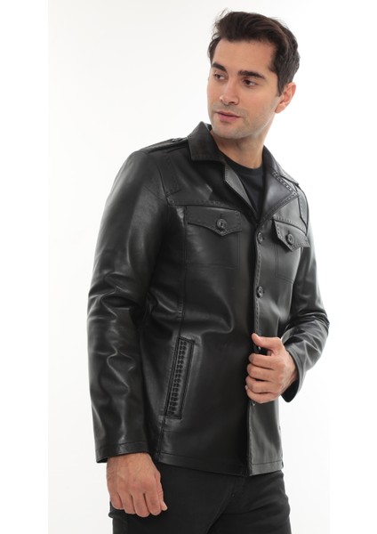 Erkek Punto Dikişli Düğmeli Hakiki Deri Ceket - 2115