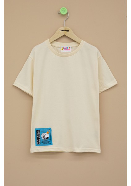 Krem Kaykay Baskılı Yazılı Erkek Çocuk Bisiklet Yaka Tişört 20914