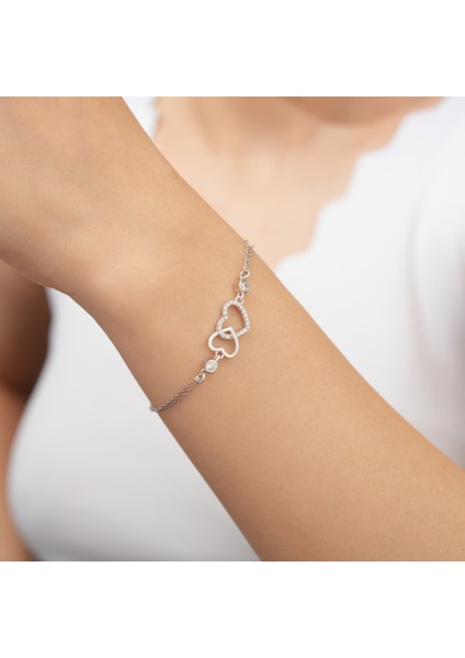 925 Ayarrodyum Kaplama Zirkon Taşlı Çift Kalpli Gümüş Bileklik fiyatları