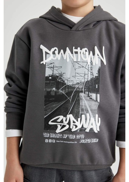 Erkek Çocuk Kapüşonlu Baskılı Kalın Sweatshirt B5862A823CW