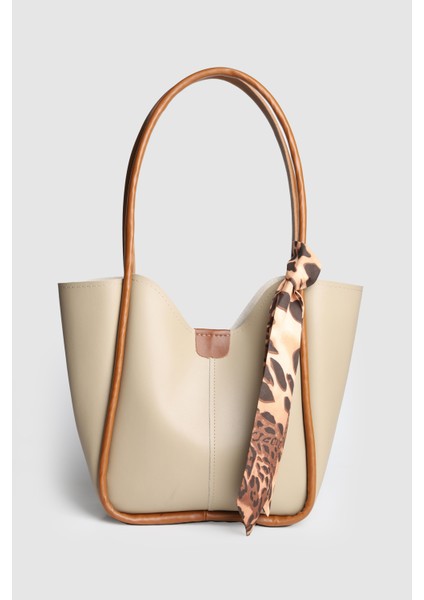 Kadın Golden Fularlı Makyaj Çantalı Omuz Çantası Vizon Taba