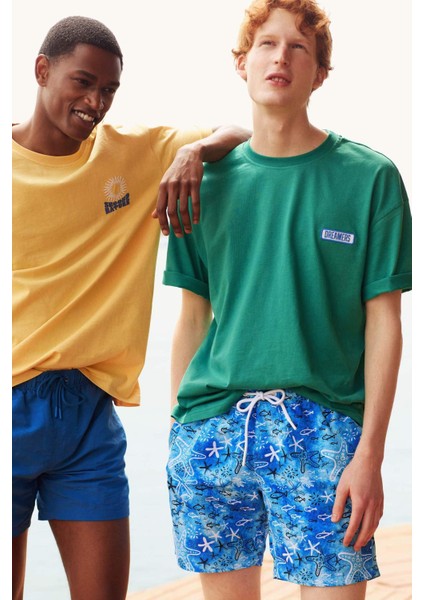 Regular Fit Desenli File Astarlı Kısa Boy Deniz Şortu B7631AX24HS