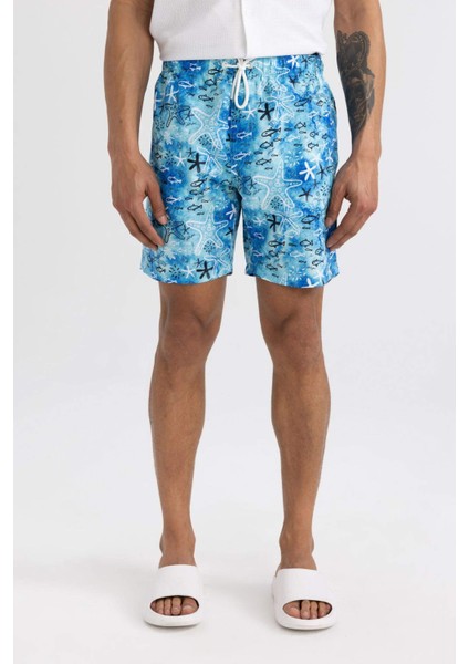 Regular Fit Desenli File Astarlı Kısa Boy Deniz Şortu B7631AX24HS
