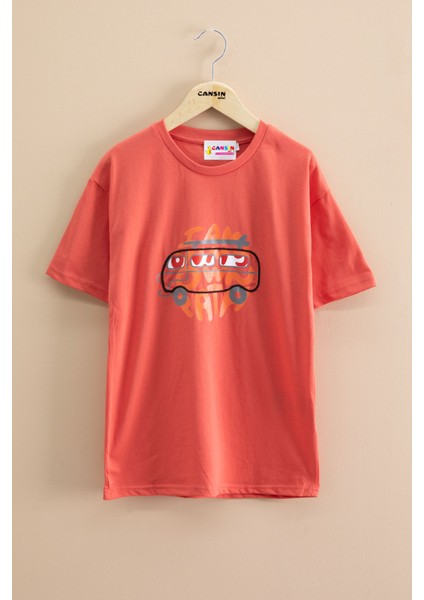 Turuncu Araba Baskılı Bisiklet Yaka Erkek Çocuk Kısa Kol Tişört 20921