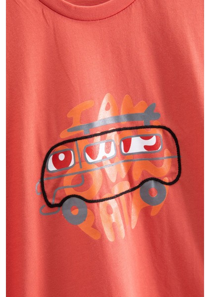 Turuncu Araba Baskılı Bisiklet Yaka Erkek Çocuk Kısa Kol Tişört 20921 fiyatları