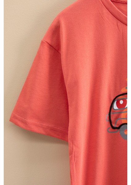 Turuncu Araba Baskılı Bisiklet Yaka Erkek Çocuk Kısa Kol Tişört 20921 modelleri