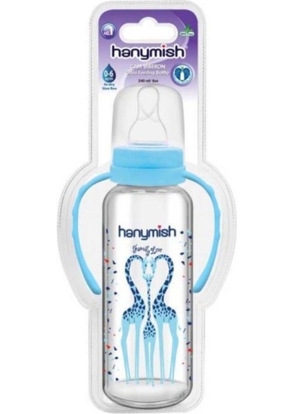 Mavi Kulplu Cam Biberon 240 Ml, Şık ve Kullanışlı Bebek Ürünleri