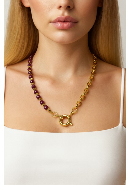 Asimetrik Altın Renk Zincirli Doğal Yeşim Taşı Kolye