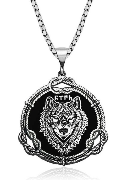 925 Ayar Gümüş Kurt Motifli Göktürkçe Türk Yazılı Gümüş Kolye (BC-80BCBA)