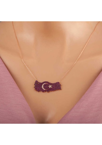 925 Ayar Gümüş Rose Ay Yıldız Türkiye Haritası Kadın Kolye (BC-3342C5)