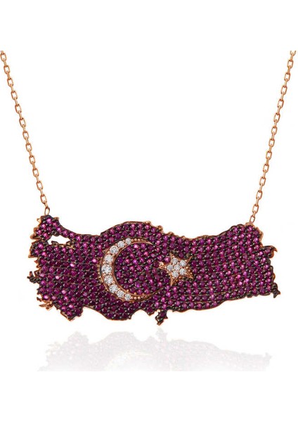 925 Ayar Gümüş Rose Ay Yıldız Türkiye Haritası Kadın Kolye (BC-3342C5) fiyatları