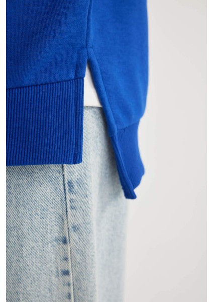 Kadın Mavi Oversize Fit Geniş Kesim Polo Yaka Düz Basic Pamuklu Sweatshirt B7834AXNS