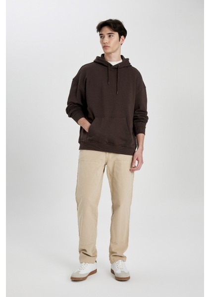 Erkek Kahverengi Oversize Fit Geniş Kesim Basic Düz Pamuklu Kapüşonlu Sweatshirt B7849AXNS