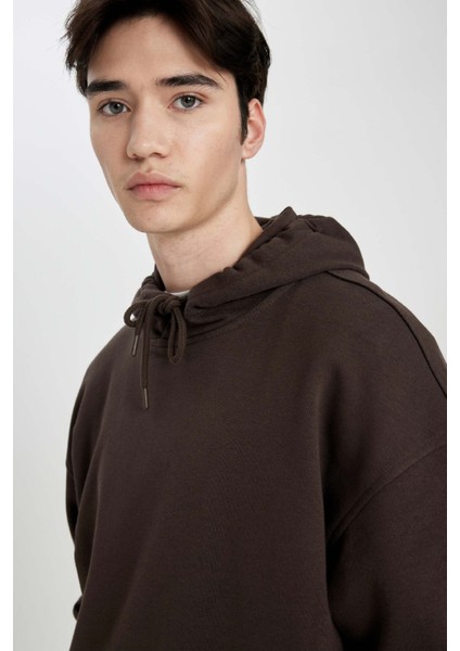 Erkek Kahverengi Oversize Fit Geniş Kesim Basic Düz Pamuklu Kapüşonlu Sweatshirt B7849AXNS