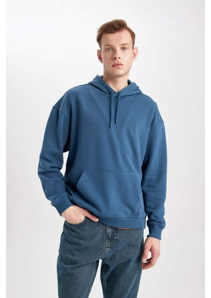 Erkek Gri Oversize Fit Geniş Kesim Basic Düz Pamuklu Kapüşonlu Sweatshirt B7849AXNS