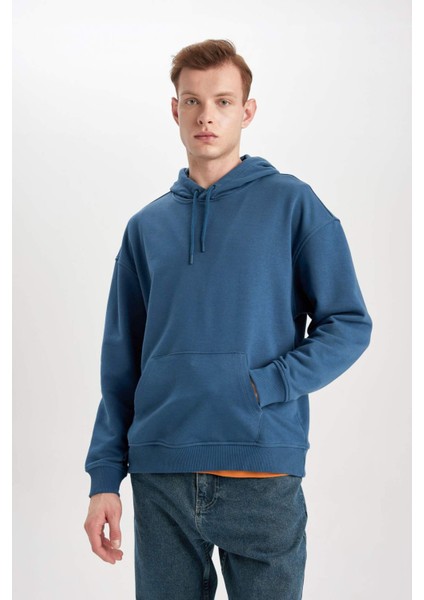 Erkek Gri Oversize Fit Geniş Kesim Basic Düz Pamuklu Kapüşonlu Sweatshirt B7849AXNS