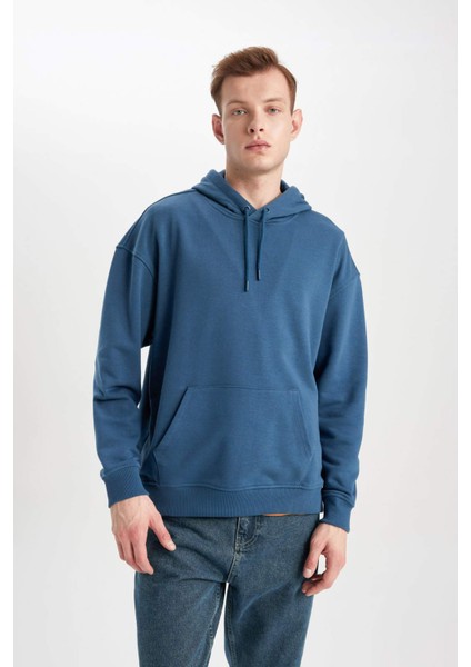 Erkek Gri Oversize Fit Geniş Kesim Basic Düz Pamuklu Kapüşonlu Sweatshirt B7849AXNS