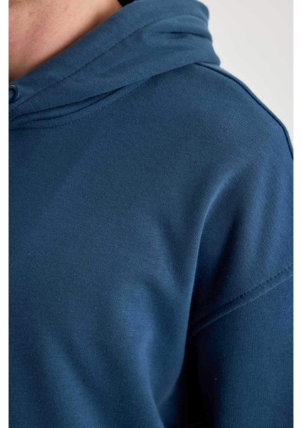 Erkek Gri Oversize Fit Geniş Kesim Basic Düz Pamuklu Kapüşonlu Sweatshirt B7849AXNS