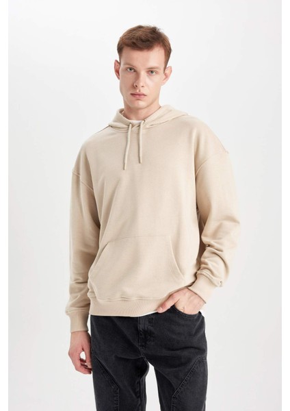 Erkek Bej Oversize Fit Geniş Kesim Basic Düz Pamuklu Kapüşonlu Sweatshirt B7849AXNS