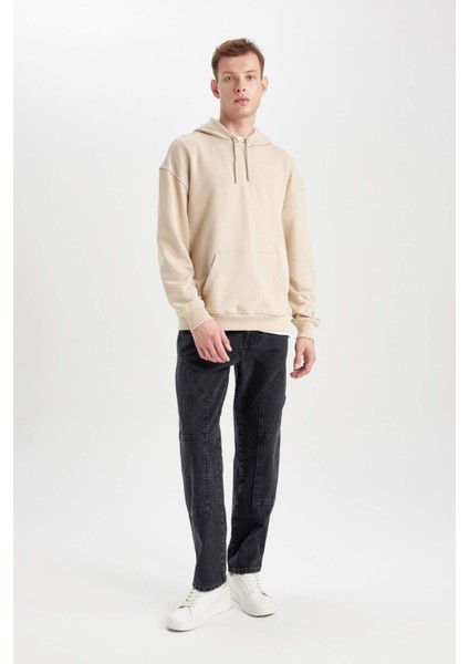 Erkek Bej Oversize Fit Geniş Kesim Basic Düz Pamuklu Kapüşonlu Sweatshirt B7849AXNS