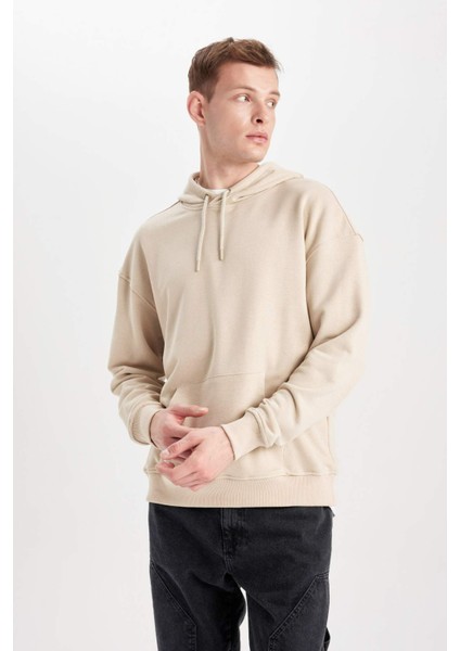 Erkek Bej Oversize Fit Geniş Kesim Basic Düz Pamuklu Kapüşonlu Sweatshirt B7849AXNS