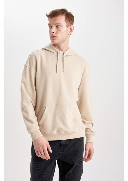 Erkek Bej Oversize Fit Geniş Kesim Basic Düz Pamuklu Kapüşonlu Sweatshirt B7849AXNS