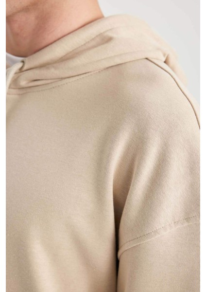 Erkek Bej Oversize Fit Geniş Kesim Basic Düz Pamuklu Kapüşonlu Sweatshirt B7849AXNS