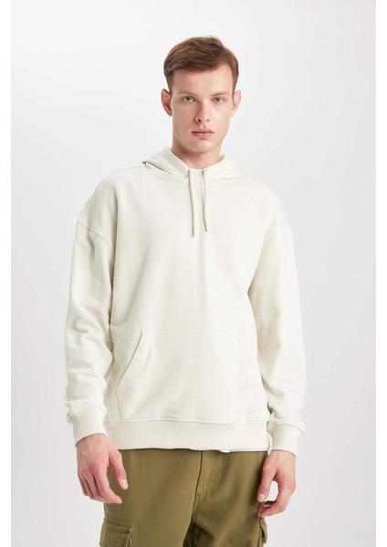 Erkek Gri Oversize Fit Geniş Kesim Basic Düz Pamuklu Kapüşonlu Sweatshirt B7849AXNS