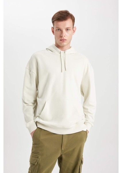 Erkek Gri Oversize Fit Geniş Kesim Basic Düz Pamuklu Kapüşonlu Sweatshirt B7849AXNS