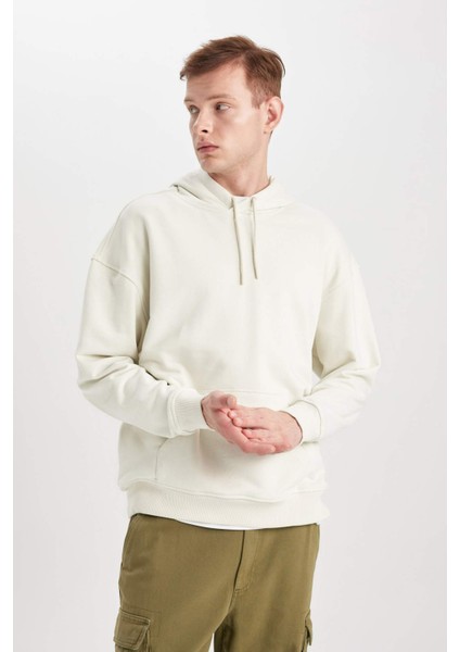 Erkek Gri Oversize Fit Geniş Kesim Basic Düz Pamuklu Kapüşonlu Sweatshirt B7849AXNS
