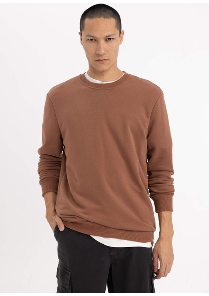 Erkek Kahverengi Oversize Fit Geniş Kesim Basic Düz Pamuklu Kapüşonlu Sweatshirt B7833AXNS