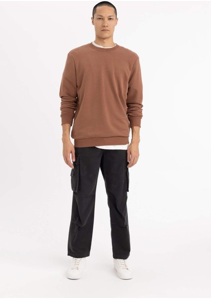 Erkek Kahverengi Oversize Fit Geniş Kesim Basic Düz Pamuklu Kapüşonlu Sweatshirt B7833AXNS