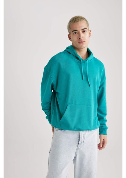 Erkek Yeşil Oversize Fit Geniş Kesim Basic Düz Pamuklu Kapüşonlu Sweatshirt B7849AXNS