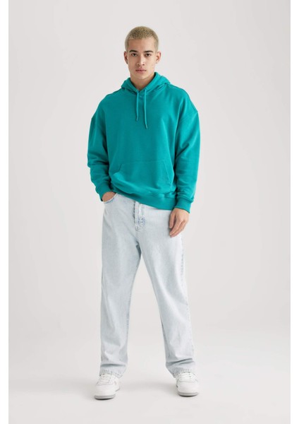 Erkek Yeşil Oversize Fit Geniş Kesim Basic Düz Pamuklu Kapüşonlu Sweatshirt B7849AXNS