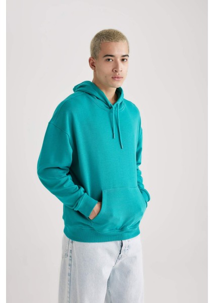 Erkek Yeşil Oversize Fit Geniş Kesim Basic Düz Pamuklu Kapüşonlu Sweatshirt B7849AXNS