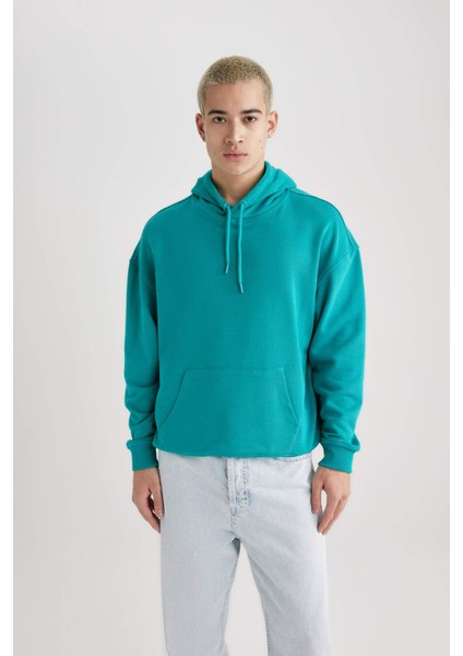 Erkek Yeşil Oversize Fit Geniş Kesim Basic Düz Pamuklu Kapüşonlu Sweatshirt B7849AXNS